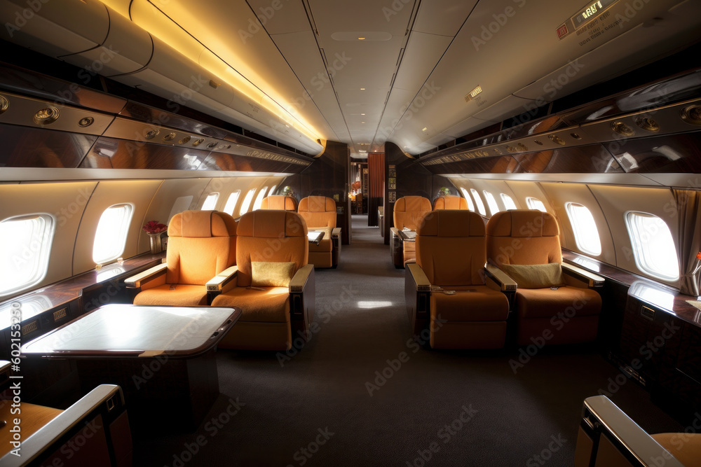 Fototapeta premium Comfortable and spacious airplane cabin with plenty of legroom, overhead compartments, and window views Generative AI