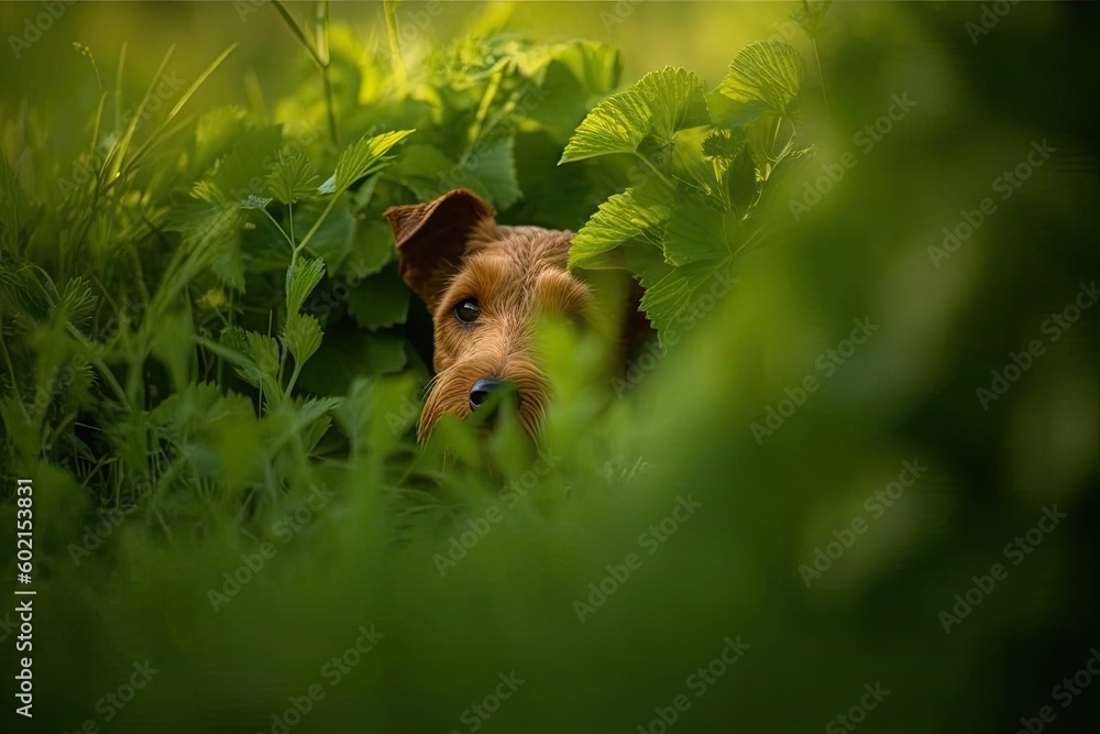 curious dog peeking out from behind some shrubs Generative AI curious dog peeking out from behind some shrubs Generative AI