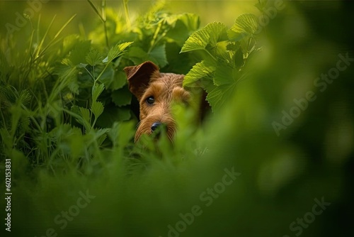 curious dog peeking out from behind some shrubs Generative AI © AkuAku
