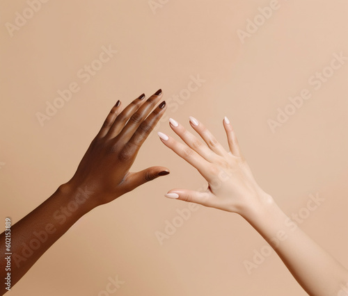 Female hands on beige background. AI generated image.