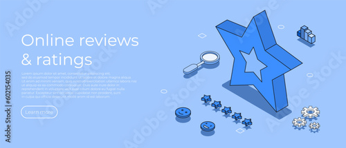 Customer review concept. Feedback, reputation and quality concept. Five star feedback in isometric style. Online reviews and ratings. Vector illustration concept