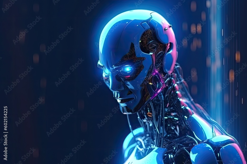 futuristic man wearing a blue helmet and illuminated by neon lights Generative AI futuristic man wearing a blue helmet and illuminated by neon lights Generative AI