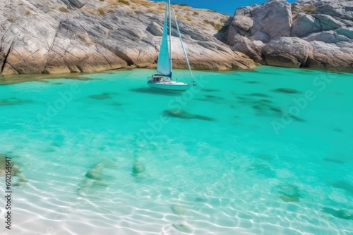 A small beach and a sailboat in a turquoise lagoon - generative ai