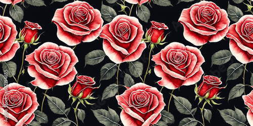 Fototapeta Naklejka Na Ścianę i Meble -  Red roses green background watercolor illustration seamless pattern generated Ai