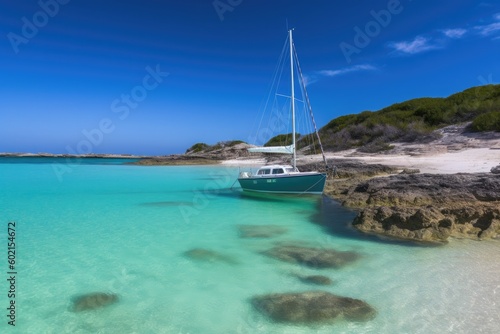 A small beach and a sailboat in a turquoise lagoon - generative ai © Infinite Shoreline