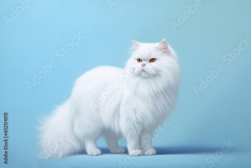 Portrait white persian cat on light pastel blue background. Generative AI