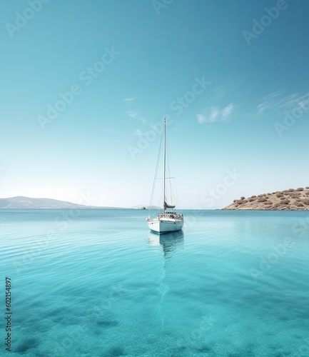 A sailboat floating in clear blue water at a sunny beach, turquoise waters, dreamy and romantic composition - generative ai © Infinite Shoreline