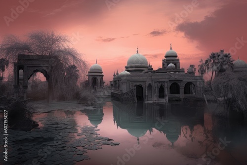 Beautiful landscape, orientalist imagery, dark silver and light pink, richly colored skies, solarization effect - generative ai