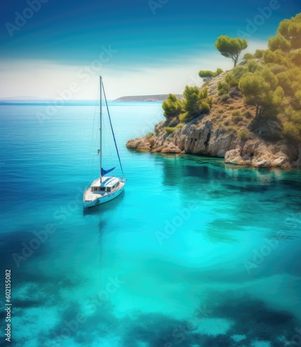 White sailboat on the clear water near a tropical island, summer vacation, beach, swimming, snorkeling, generative, ai