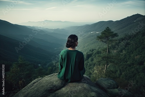 Silhouette of a woman practicing yoga pose on a mountain summit - generative ai
