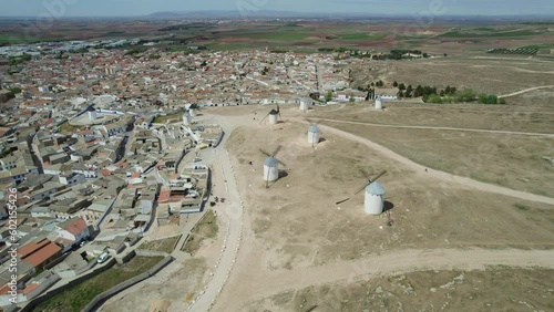 Aerial view of the group of old historic windmills in Campo de Criptana, Spain