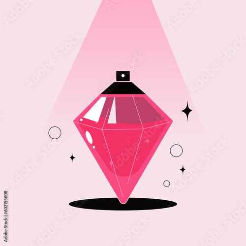 drawing vector perfume products. . Colored trendy illustration. Flat design. All elements are isolated.Cartoon, flat design, vector illustration. Glamorous pink women's perfume. luxury