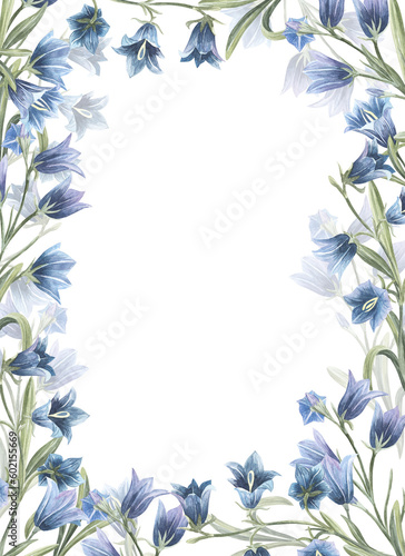 Blue bellflower rectangle frame. Watercolor illustratuion of bluebells  hand drawn. Great for invitations  cards  wedding