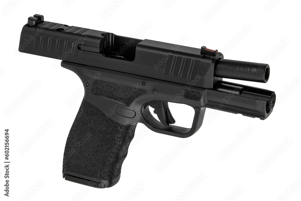 Modern semi-automatic pistol isolate on a white background. Armament for the army and police. Short-barreled weapon