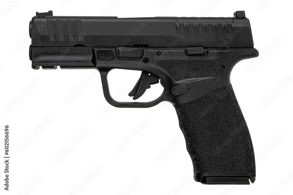 Modern semi-automatic pistol isolate on a white background. Armament for the army and police. Short-barreled weapon Modern semi-automatic pistol isolate on a white background. Armament for the army and police. Short-barreled weapon