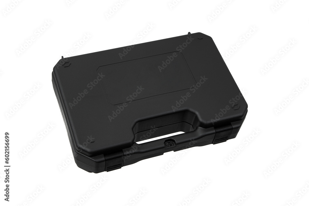 Black plastic case with foam inside. A box for storing and transporting a pistol. Weapon case isolate on white back. Black plastic case with foam inside. A box for storing and transporting a pistol. Weapon case isolate on white back.