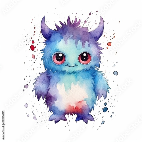 Cute watercolor monster. Illustration AI Generative.
