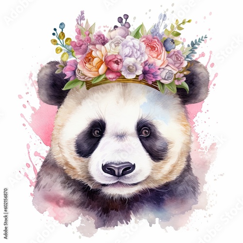 Watercolor panda with flower crown. Illustration AI Generative.