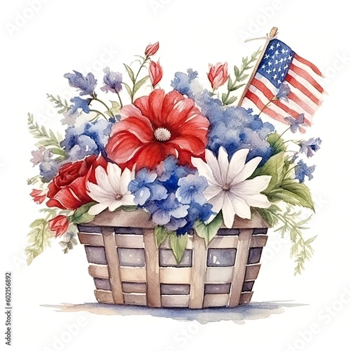 USA flag and flowers in basket. watercolor. Illustration AI Generative. photo