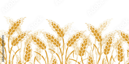 Vector Seamless Horizontal Border Pattern of Grain Spikes, Ears of Wheat, Barley or Rye icon. Great for Wrapping Paper, Bread Packaging, Design of Bakery, Beer labels etc.