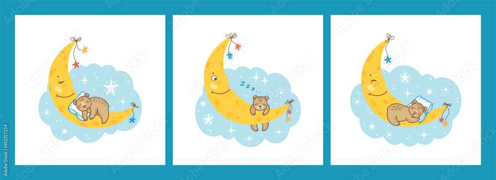 Cute Teddy Bears Posters or Prints Set. Childish Background with Sleeping Little Bear Cubs on Moon with Stars and Clouds. Vector Baby Colorful illustration