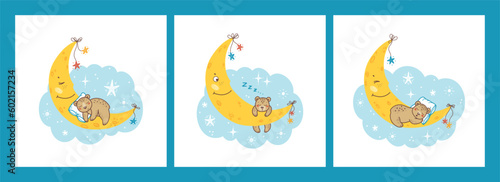 Cute Teddy Bears Posters or Prints Set. Childish Background with Sleeping Little Bear Cubs on Moon with Stars and Clouds. Vector Baby Colorful illustration