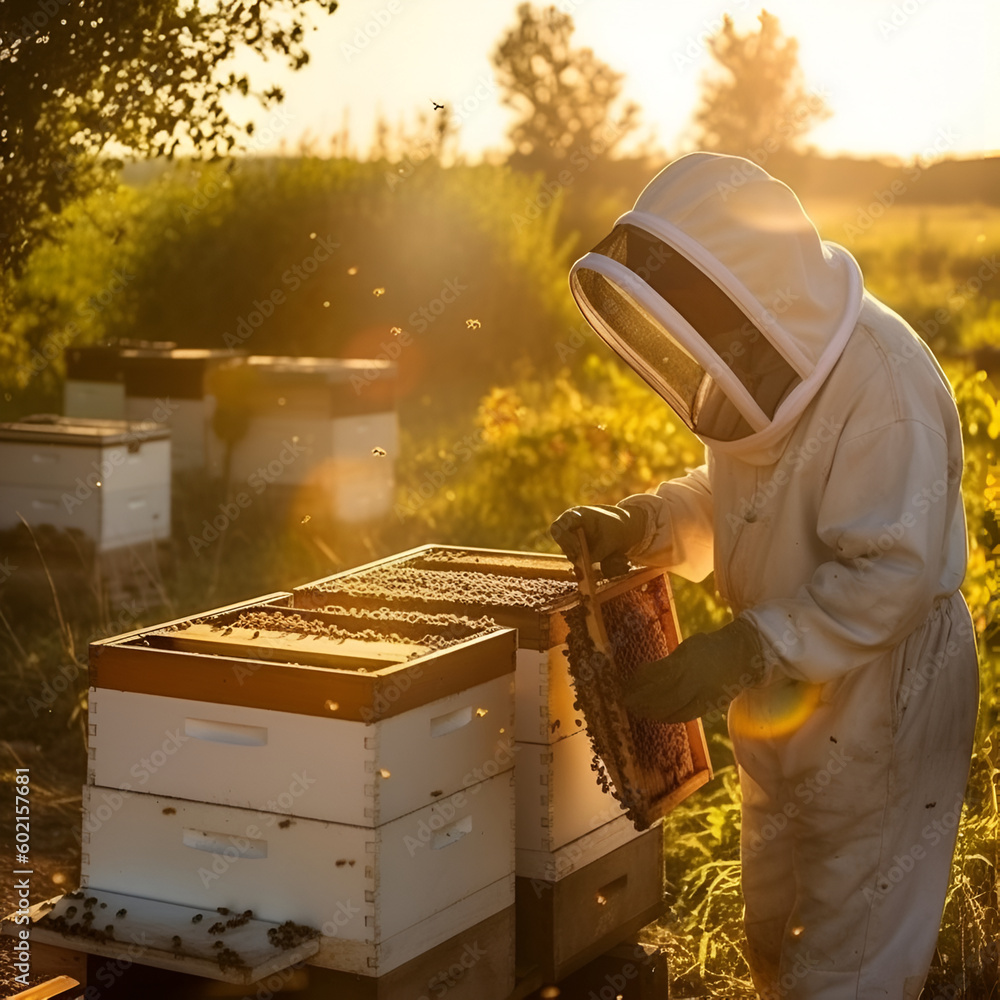 A swarm of bees collects nectar from flowers. Healthy Organic Farm Honey. The bees fly into the bee hive and enter the hive with the collected flower nectar and pollen. Al Generated.
A swarm of bees collects nectar from flowers. Healthy Organic Farm Honey. The bees fly into the bee hive and enter the hive with the collected flower nectar and pollen. Al Generated.