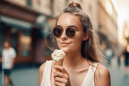 Pretty young blond woman with an ice-cream. Generative AI