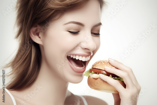 Pretty young caucasian woman biting hamburger  copyspace. Generative AI