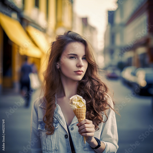 Pretty young long-haired woman with an ice-cream. Generative AI