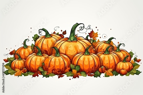 pumpkins with leaves on a wooden background Generative AI