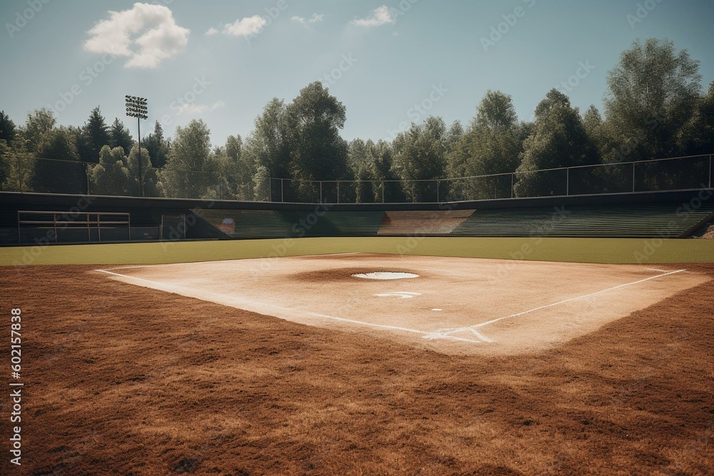 Sporting venue for baseball and softball featuring red clay, dirt
