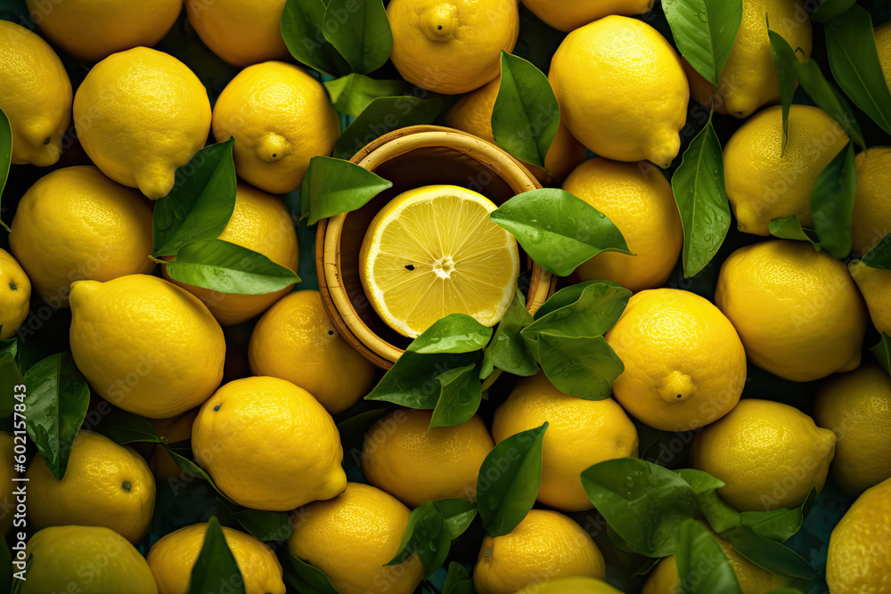 Ripe Yellow Lemons Close-up Background Or Texture. Lemon Harvest, Many Yellow Lemons. generated by AI