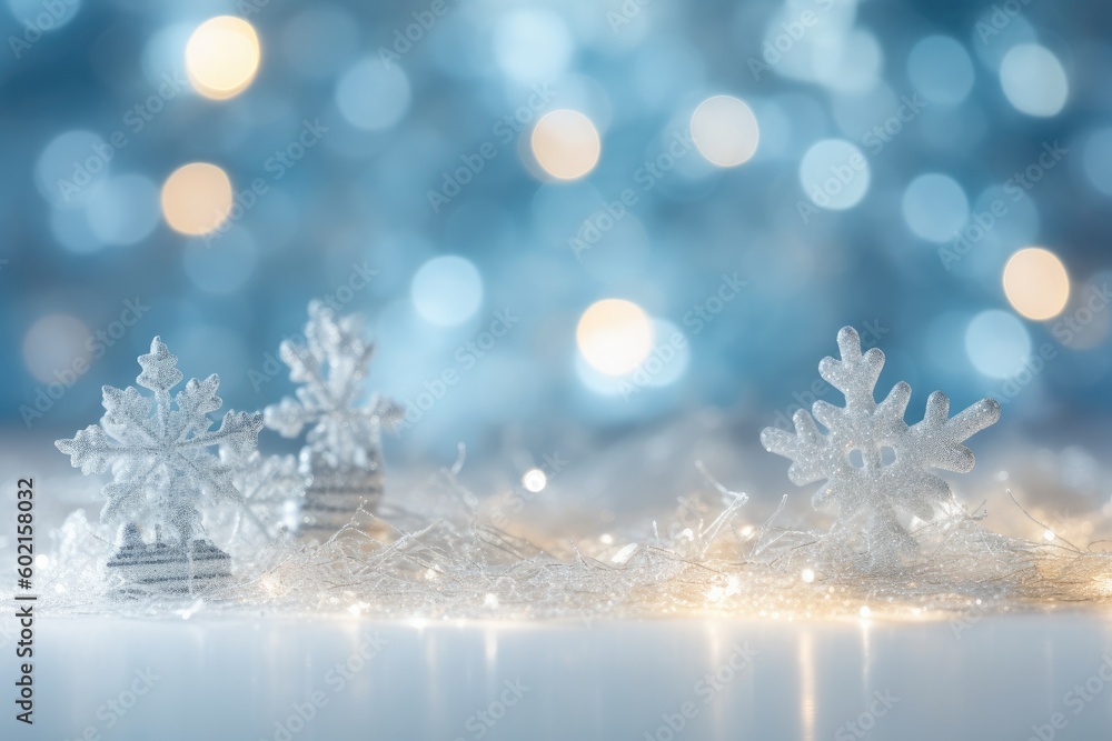 Naklejka premium macro shot of snowflakes on a wooden surface Generative AI