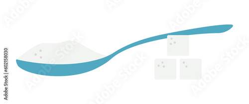 A spoonful of sugar and cubes. Crumbly white refined sugar on a spoon and lumpy. Add Ingredient for sweet recipe. Side view. isolated object. Vector illustration