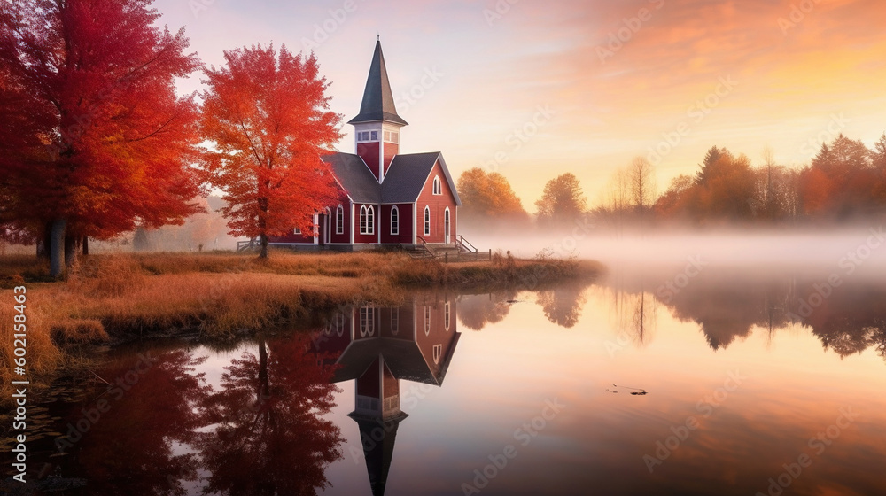 Obraz premium A beautiful small white wooden church reflecting in a lake in autumn, beautiful red tree colors, a light mist - generative AI