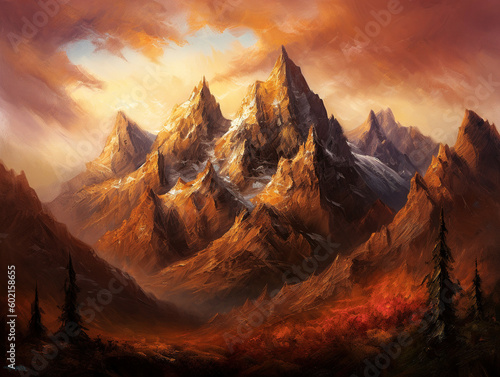 romantic mountain painting with majestic peaks, snowy summits, and stunning color - generative AI