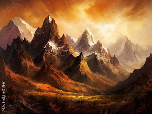 romantic mountain painting with majestic peaks, snowy summits, and stunning color - generative AI
