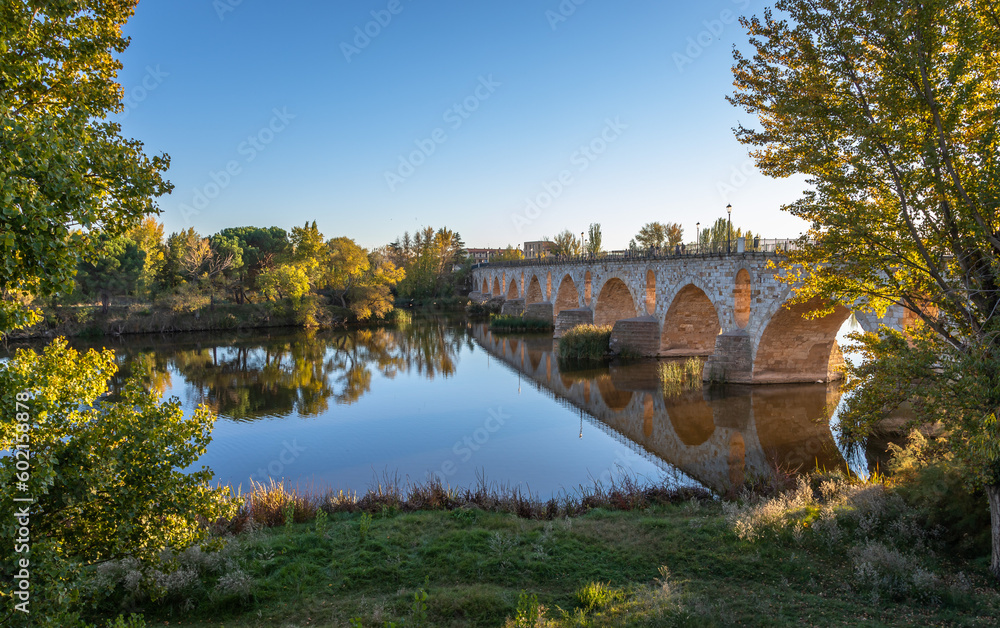 Beautiful panoramic view of Zamora roman bridge called Puente de Piedra, just before sunset, during Autumn season, on the Douro River, in Spain.
