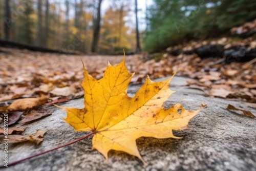 yellow autumn leaf resting on a gray stone Generative AI