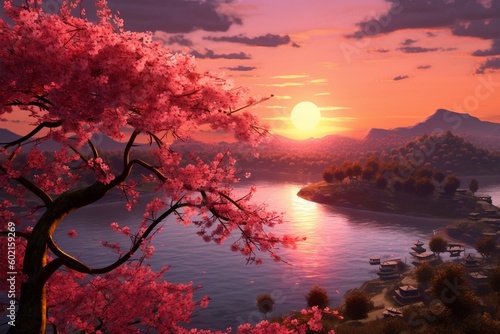 Sakura background in sunset made with Generative AI