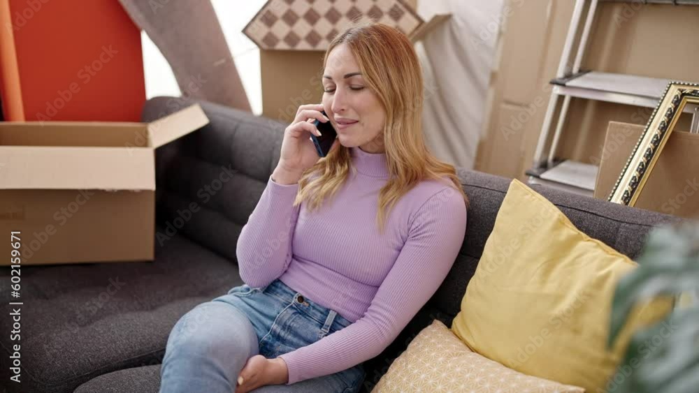 Young beautiful hispanic woman talking on smartphone sitting on sofa at new home