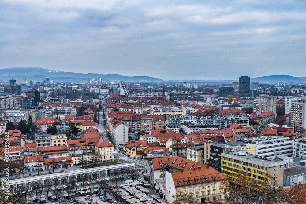 Aerial shot of Ljubljana downdown during a cloudy afternoon, Slovenia