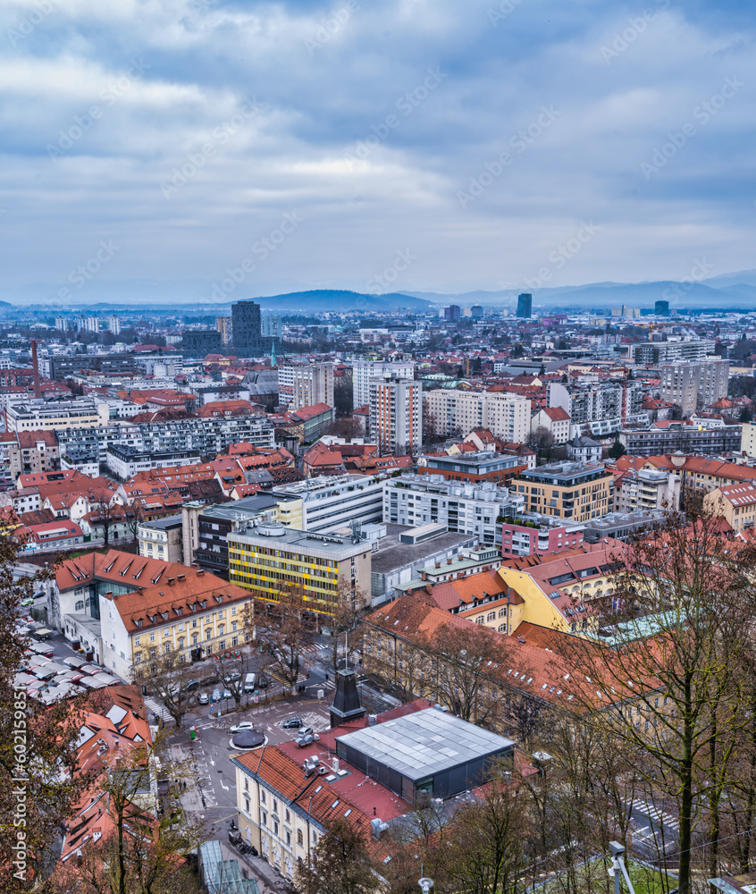 Aerial shot of Ljubljana city buildings on a clooudy afternoon, Ljubljana, Slovenia