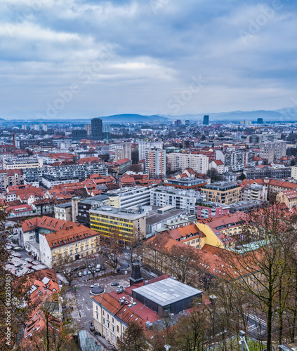 Aerial shot of Ljubljana city buildings on a clooudy afternoon, Ljubljana, Slovenia