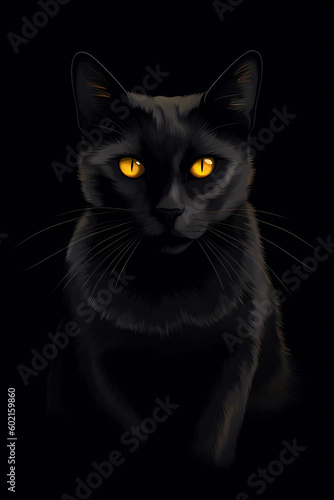 A black cat with yellow eyes on a black background Generative Ai