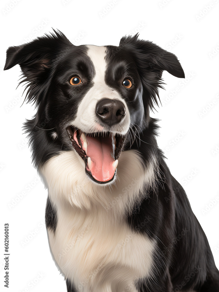 Fototapeta premium A black and white dog with its mouth open isolated on a transparent background PNG Generative Ai