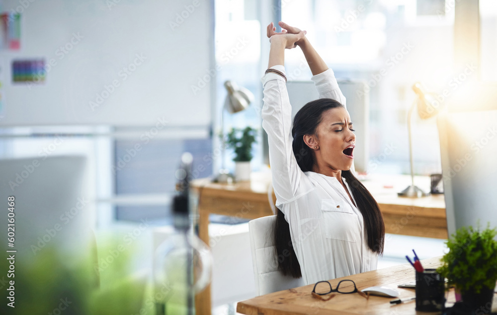 Yawn, stretching or tired woman with fatigue in call center overworked or overwhelmed by telecom deadline. Burnout, exhausted girl or female sales agent yawning while networking overtime at help desk Yawn, stretching or tired woman with fatigue in call center overworked or overwhelmed by telecom deadline. Burnout, exhausted girl or female sales agent yawning while networking overtime at help desk