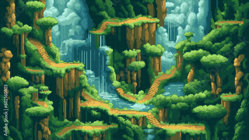 pixel art game level background, 8 bit, landscape, arcade video game, stairs, trees and platforms