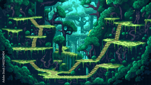 pixel art game level background, 8 bit, landscape, arcade video game, stairs, trees and platforms